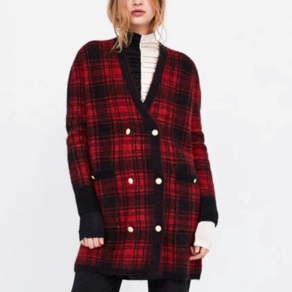 Zara Wool Mohair Plaid Oversized Cardigan Sweater